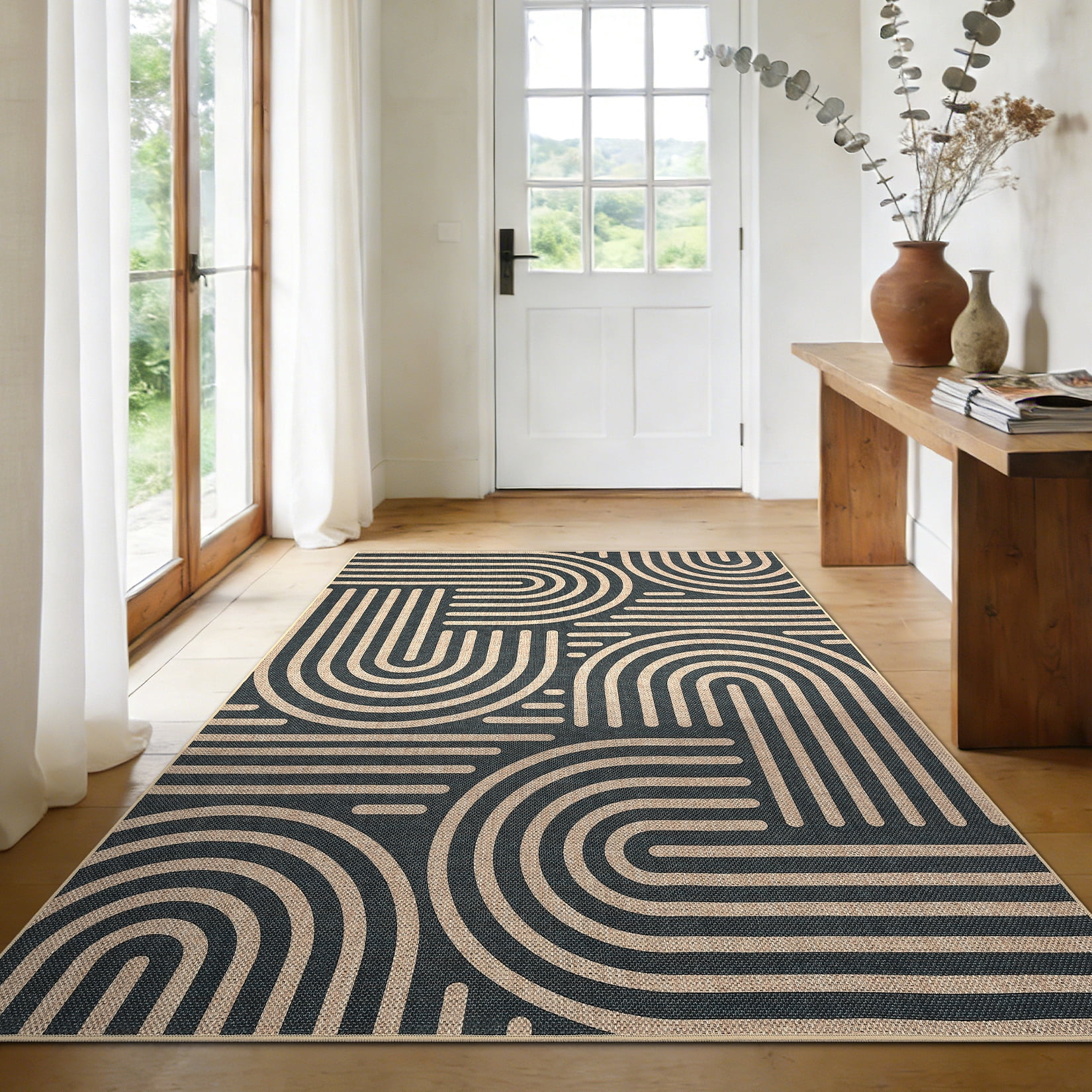 Garvee 10'x13' Geometric Area Rug Easy Jute Carpet, Abstract Washable Rug Rainbow Non Slip Indoor Outdoor Accent Rug for Living Room Bedroom Dining Room Balcony Patio, Black