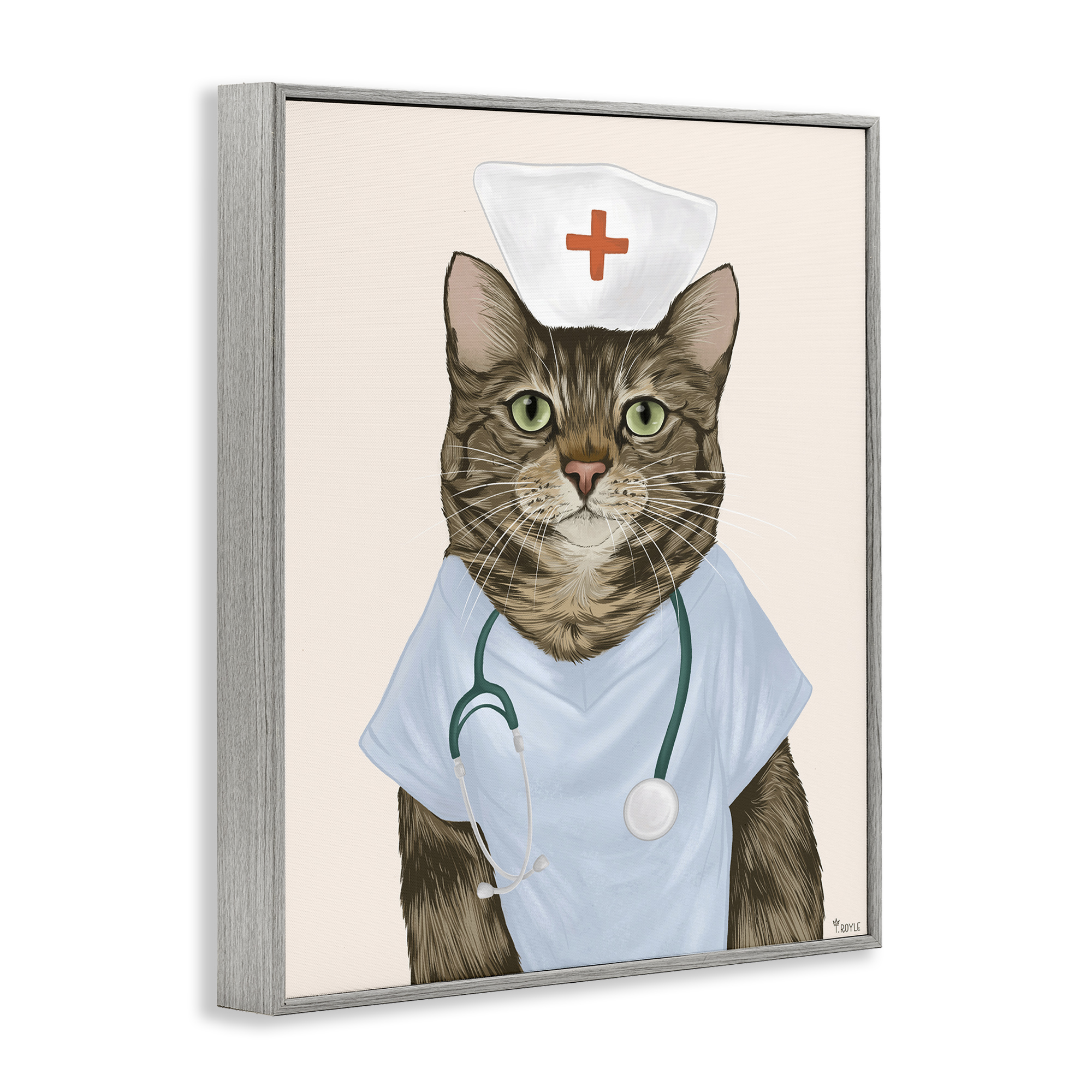 Stupell Industries Nurse Doctor Cat Animals & Insects Painting Gray Framed Art Print Wall Art, 11 x 14