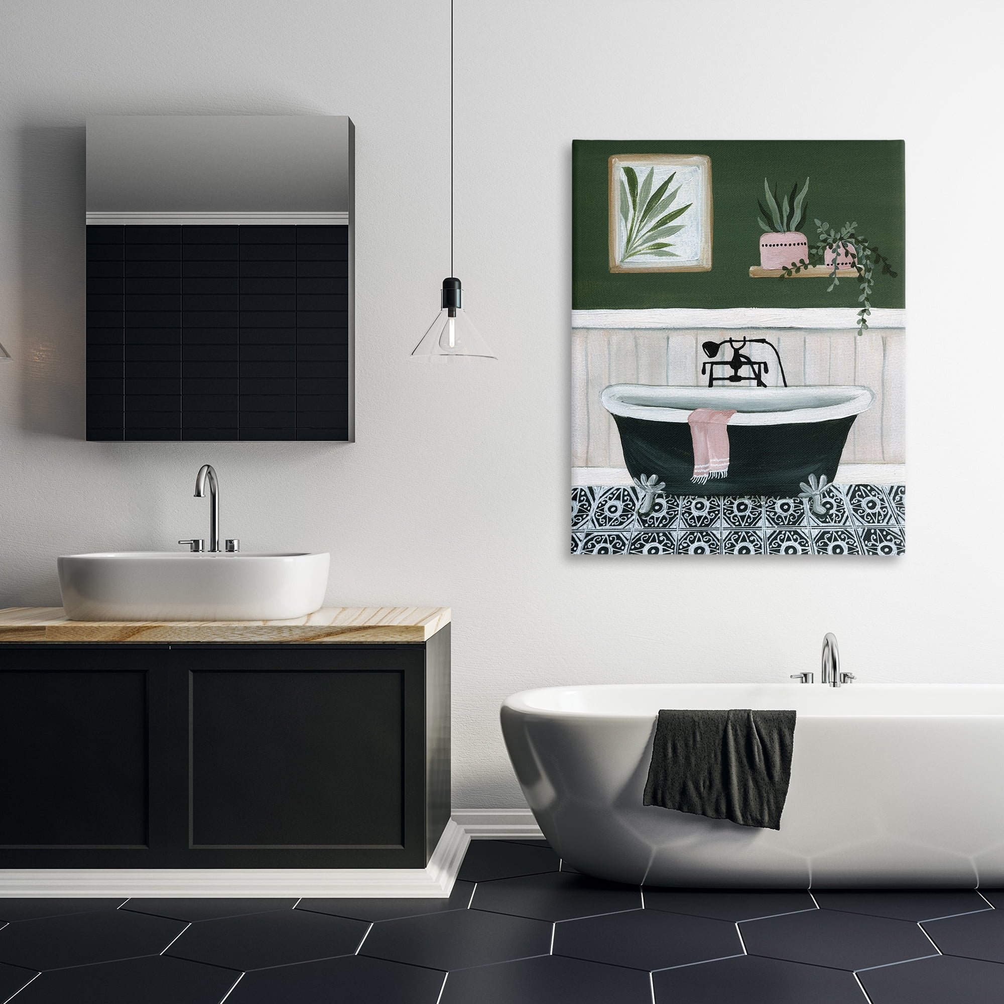 Stupell Industries Green Bathroom Scene Typography Painting Gallery Wrapped Canvas Art Print Wall Art, 36 x 48