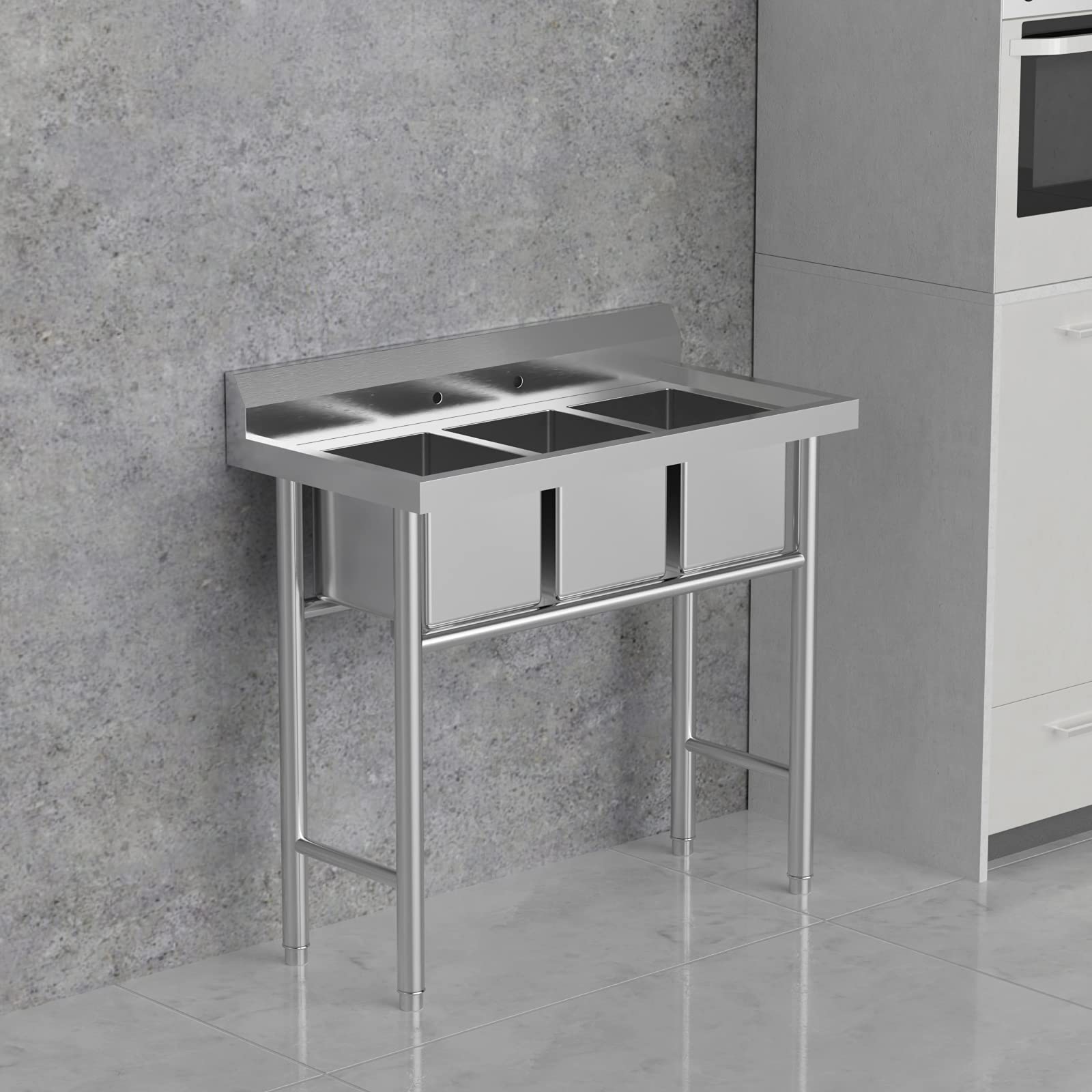 Ktaxon Freestanding 39" 3 Compartment Commercial Stainless Steel Sink, Silver, for Laundry Room, Kitchen