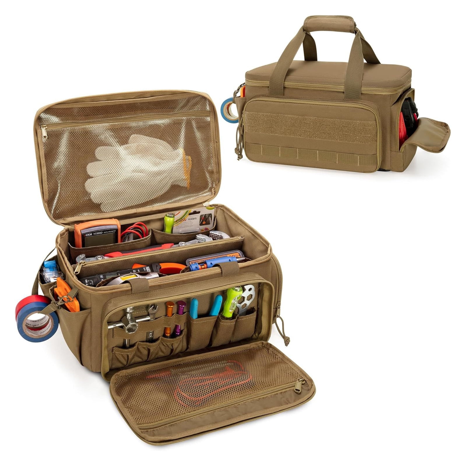 Padded Handle Tool Carry Bag With Wide Opening And Two Way Zippered Access Work Organiser with Elastic Bands