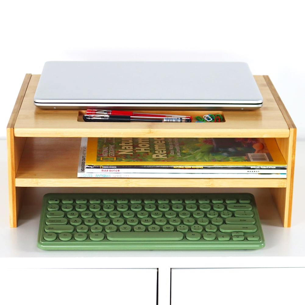 WKWKER 2-Tier Bamboo Monitor Riser Stand Desk Laptop Stand with Grooved Storage Document Organizer for Workstation Home Office Computer Laptop Printer Stand (Natural Color)