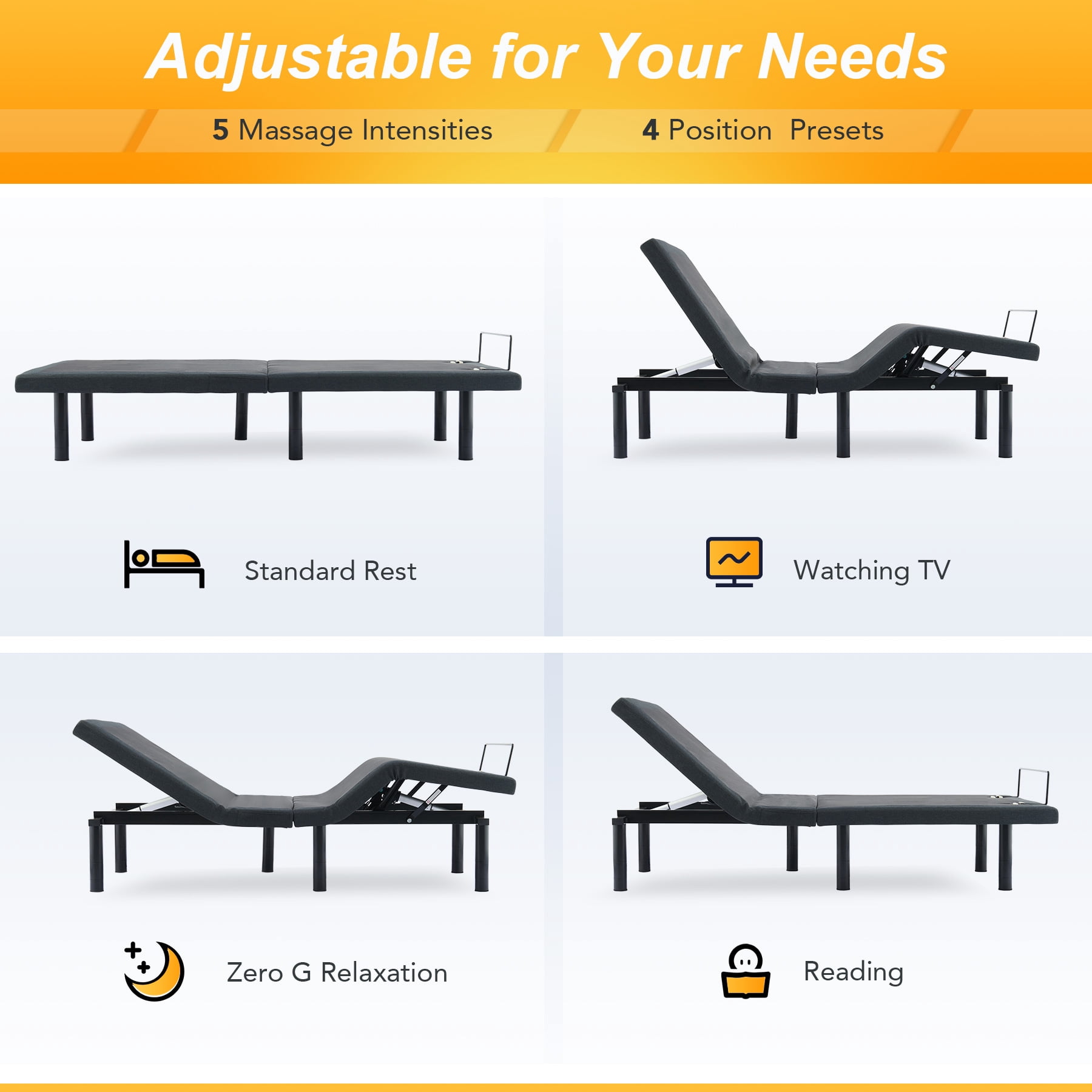 Bestco Adjustable Bed Base, Zero Clearance Bed Frame with Wireless Remote, Electric Head and Foot Incline, Massage, and USB Port