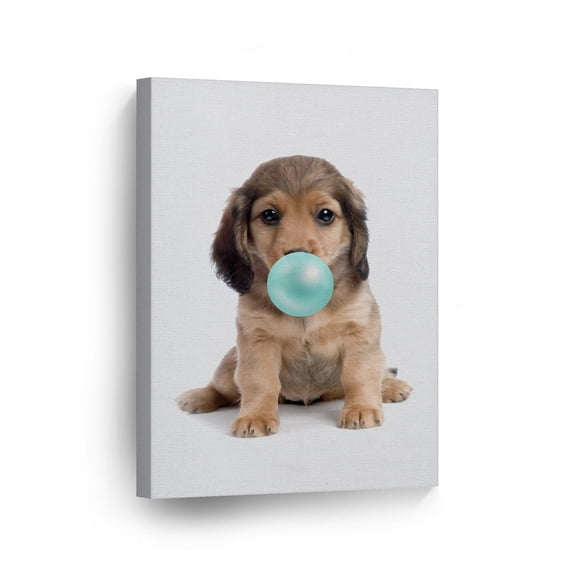 Smile Art Design Portrait of Dachshund Dog Puppy Chewing Teal Blue Bubble Gum Canvas Wall Art Print Pet Dog Lover Gift Animal Pop Art Office Living Room Bedroom Kids Baby Nursery Room Decor 40x30