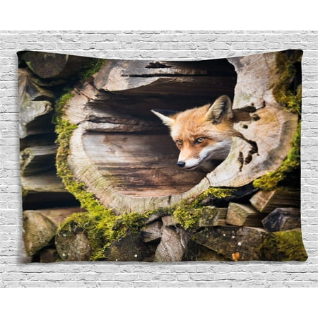 Wooden Tree Wall Art Animal Tapestry, Forest Nature Wild Fox with Hazel Eyes in a Wooden Carved Tree wth Moss Art Print, Wall Hanging for Bedroom Living Room Dorm Decor, 80W X 60L Inches, Multicolor, by Ambesonne ()