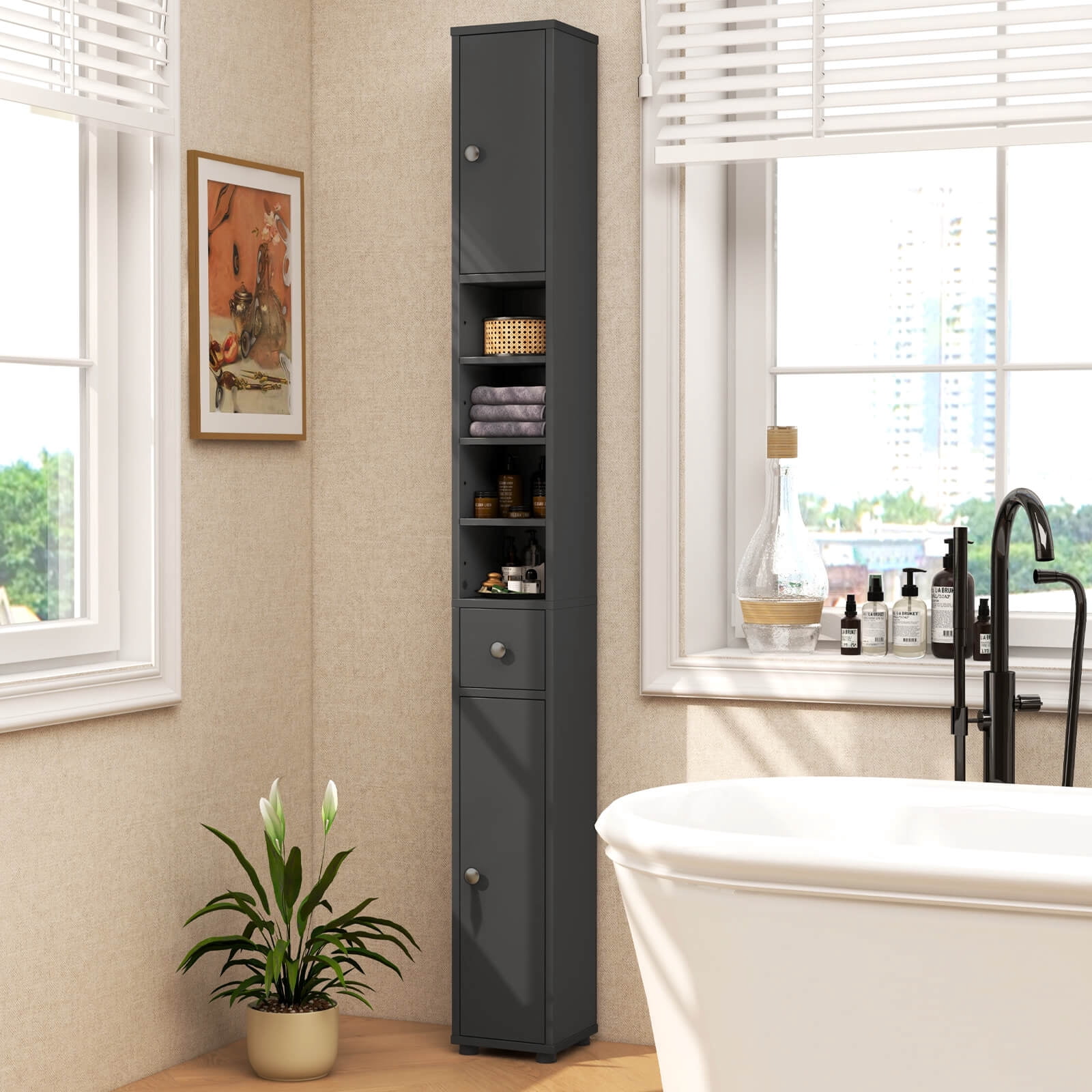 Costway 71" Slim Bathroom Storage Cabinet with 2 Doors 5 Adjustable Shelves 1 Drawer Gray