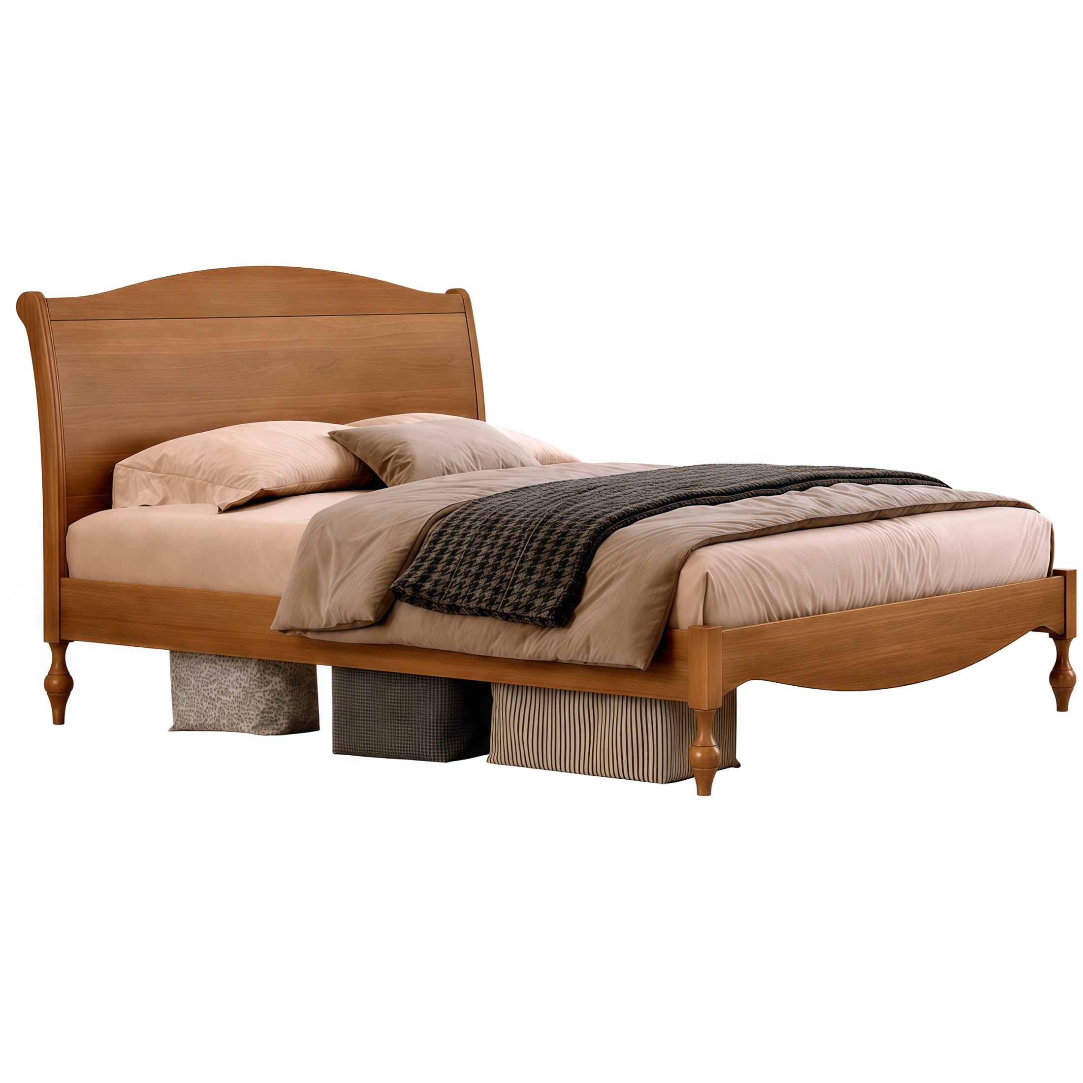 Noble House Carola Queen Wooden Platform Bed Frame, Traditional Arched Headboard Vintage Design, Light Walnut
