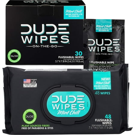 Dude Wipes Flushable Wipes Mint Chill (48 Count Dispenser and 30 Single Wipes) Individually Wrapped & Dispenser with Mint, Eucalyptus, and Tea Tree Essential Oil