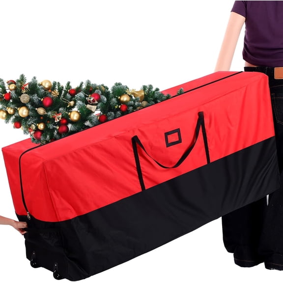 Fits Up to 9 ft. Tall Xmas Tree, 67.7" x 30" x 19.7", Christmas Bag with Wheels Extra Large Heavy Duty Storage Container(Red, Black), Christmas Tree Storage Bag