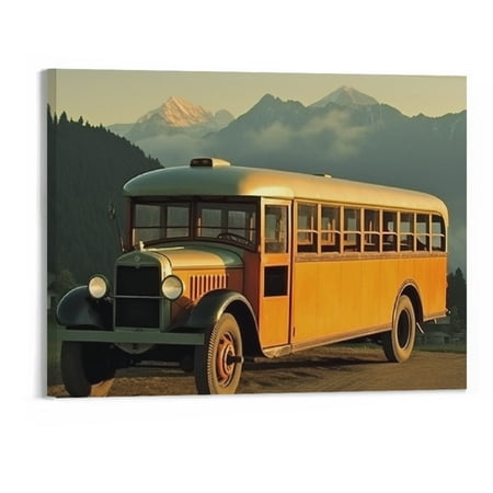 PRATYUS Fall Decor Village School Bus Canvas Wall Art Picture 20x16in for Living Room Bedroom 20x16in
