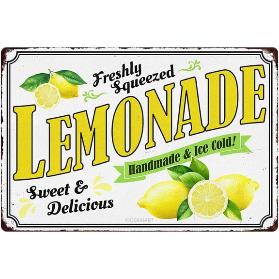 Freshly Squeezed Lemonade Tin Sign Funny Lemon Print Art Poster Vintage Metal Signs Wall Decor for Home Farmhouse Kitchen Cafe Bar Pub Shop Poolside Decorative Retro 8x12 Inch Hanging Plaque