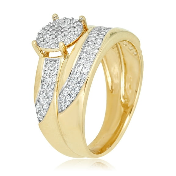 AVORA 10K Yellow Gold Pave Simulated Diamond CZ Anniversary Bridal Engagement Wedding Band Ring Set  - Size 7