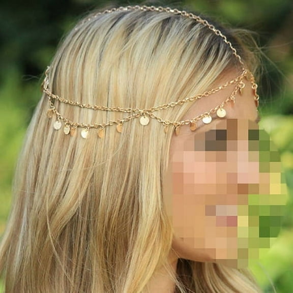 Grofry Head Piece Women Bohemian Round Sequin Drop Layered Dance Head Chain Piece Hair Accessory