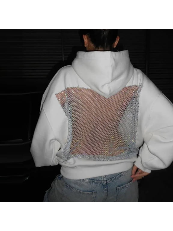 Womens Hoodies Mesh Patchwork Backless Hollow See-Through Pullover Trendy Casual Loose Sweatshirts With Pockets (XS, White-A)