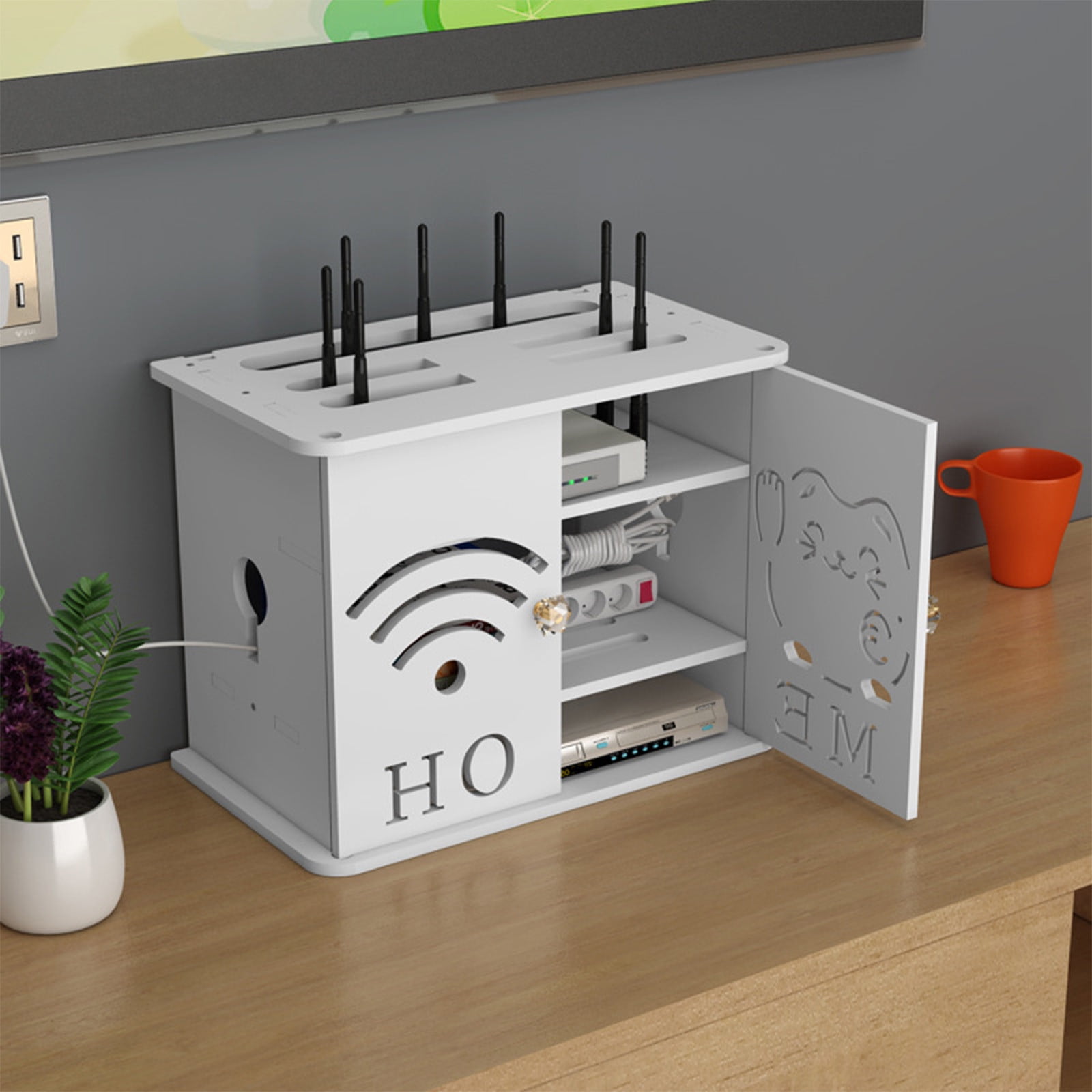 Corner WiFi Router Storage Box Wall Mount Rack, White Plastic 3-Tier Cable Management for Modem, TV Set Top Box, Power Strip, Corner Organizer 34x23x18cm