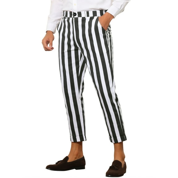 Unique Bargains Men's Striped Business Pants Slim Fit Flat Front Cropped Pants 28 Black White
