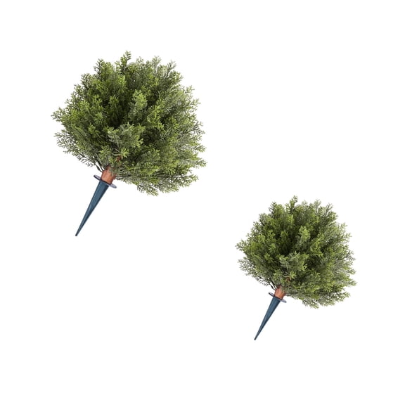 KFFKFF Artificial Topiary Cypress Trees with Ground Spike, 16-inch Set of 2 Faux Shrubs & Bushes, Realistic-Looking Silk Plants for Front Porch, Outdoor, Indoor, Patio, Garden, Balcony