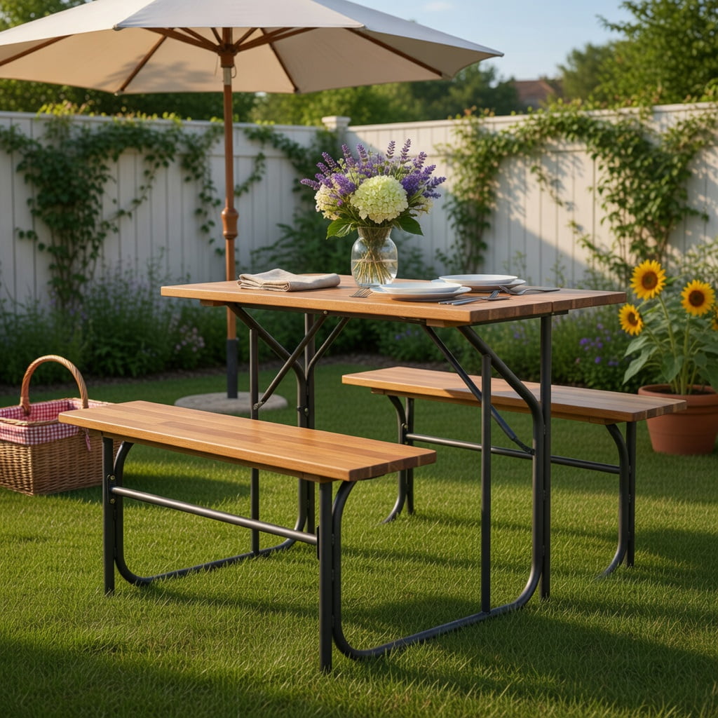 Hommoo Acacia Wood Outdoor Picnic Table and Bench Set, Single-Side Patio Table with Metal Frame, Black & Natural