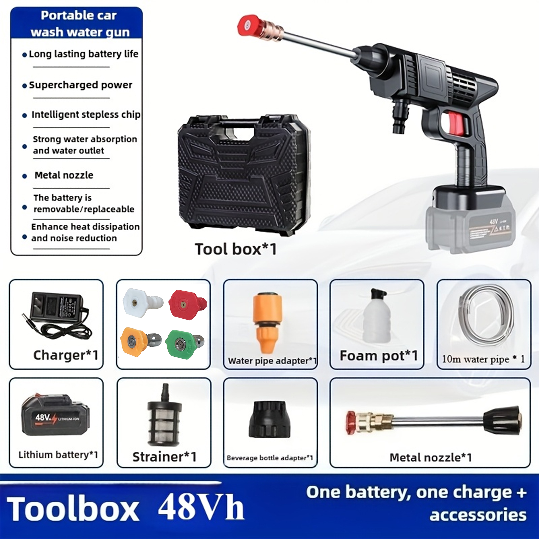 Electric Cordless High Pressure Washer Wand with battery, Car Wash Water Gun, Household Cordless High Pressure Car Wash Tool Portable Vehicle Cleaning Machine Automobile Washer