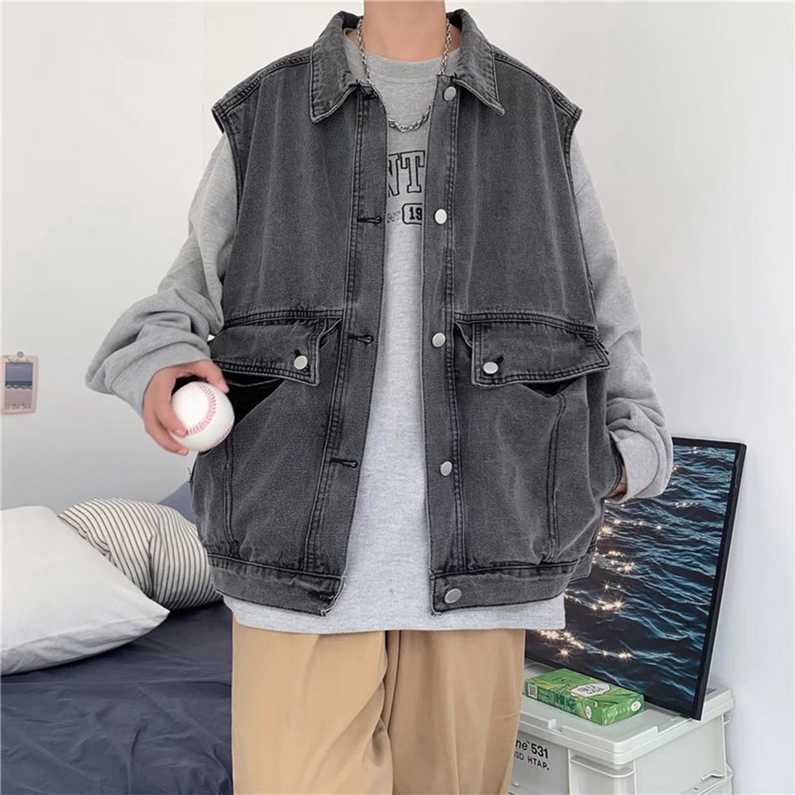 ジャケット・アウター oll | TARO DENIM VEST Yaoyar Denim Vest for Men Casual Lapel Solid Color