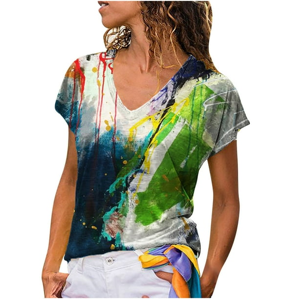 Blusa de manga corta con cuello en V y estampado de grafiti para mujer Pompotops hkajfhjk459151