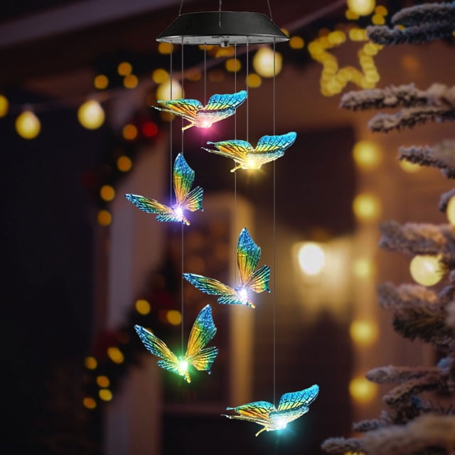 Lámpara colgante IP65 con cambio de color de luz de mariposa con carillón de viento solar LED (A)