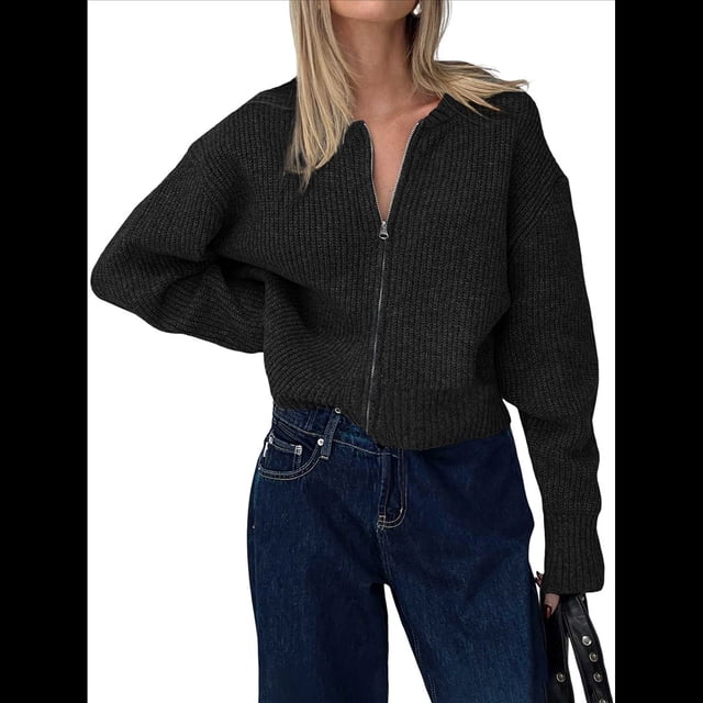 Cárdigan Holgado de Cuello Redondo, Larga, con Cremallera Frontal, para Mujer, Moderno Suéter de Punto con Cremallera, Abrigos de Otoño. Negro XL