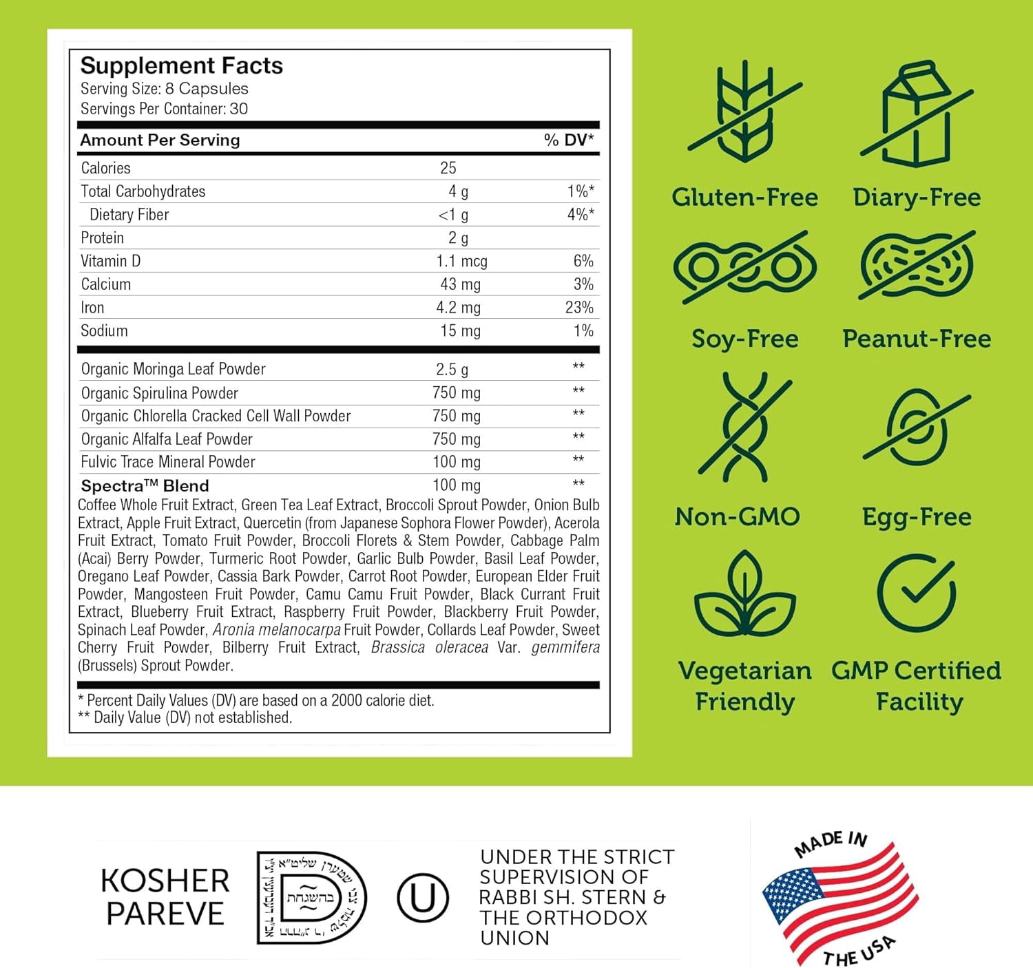 Zahler Core Greens Superfood Capsules - Superfoods Nutrition Supplement - Super Green Whole Food Vegetable, Fruits & VItamins - Kosher Antioxidant Rich Super Greens with Spirulina, Chlorophyll (240)