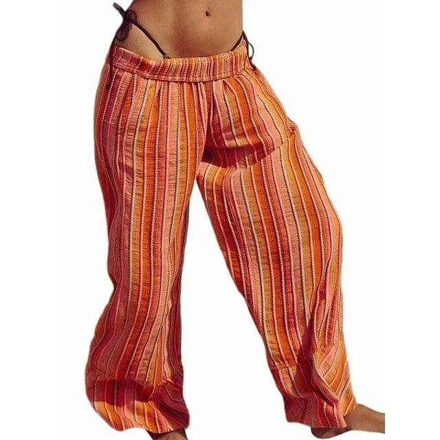 Pantalones de Rayas para Mujer, Cintura Alta, Pierna , Algodón y , Moda Playera, Cintura Elástica, Pantalones Casuales Sueltos. Naranja S