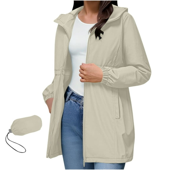 Byworldtasic Women's Jacket Women's Long Raincoat with Hood Outdoor Lightweight Windbreaker Rainproof Jacket (Includes Organizer Bag)