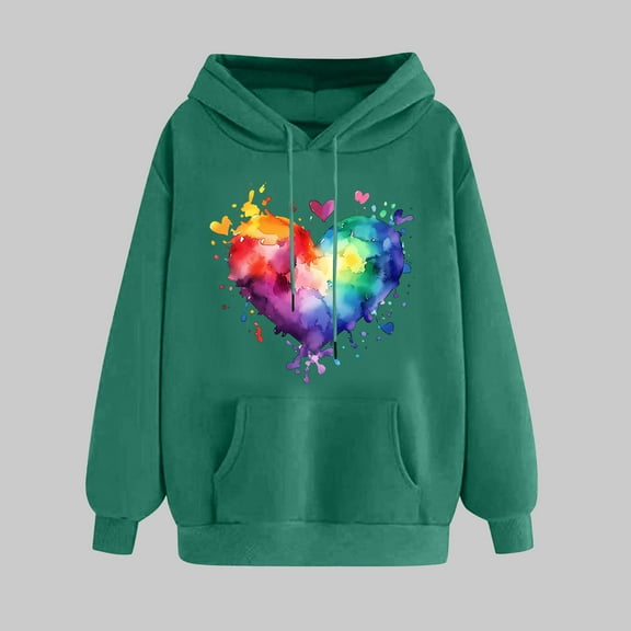 Womens Valentine's Day Hooded Casual Classic Fit Long Sleeve Pullover Cute Heart Print Comfortable Hooded Sweatshirt Army Green XL