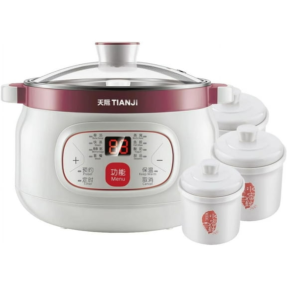 Small Electric Stew Pot, Multi-Purpose Ceramic Cooker for Soup, Desserts, Steaming, with Multiple Ceramic Liners, 1.8L 0.44L*3, DGD18-18CG