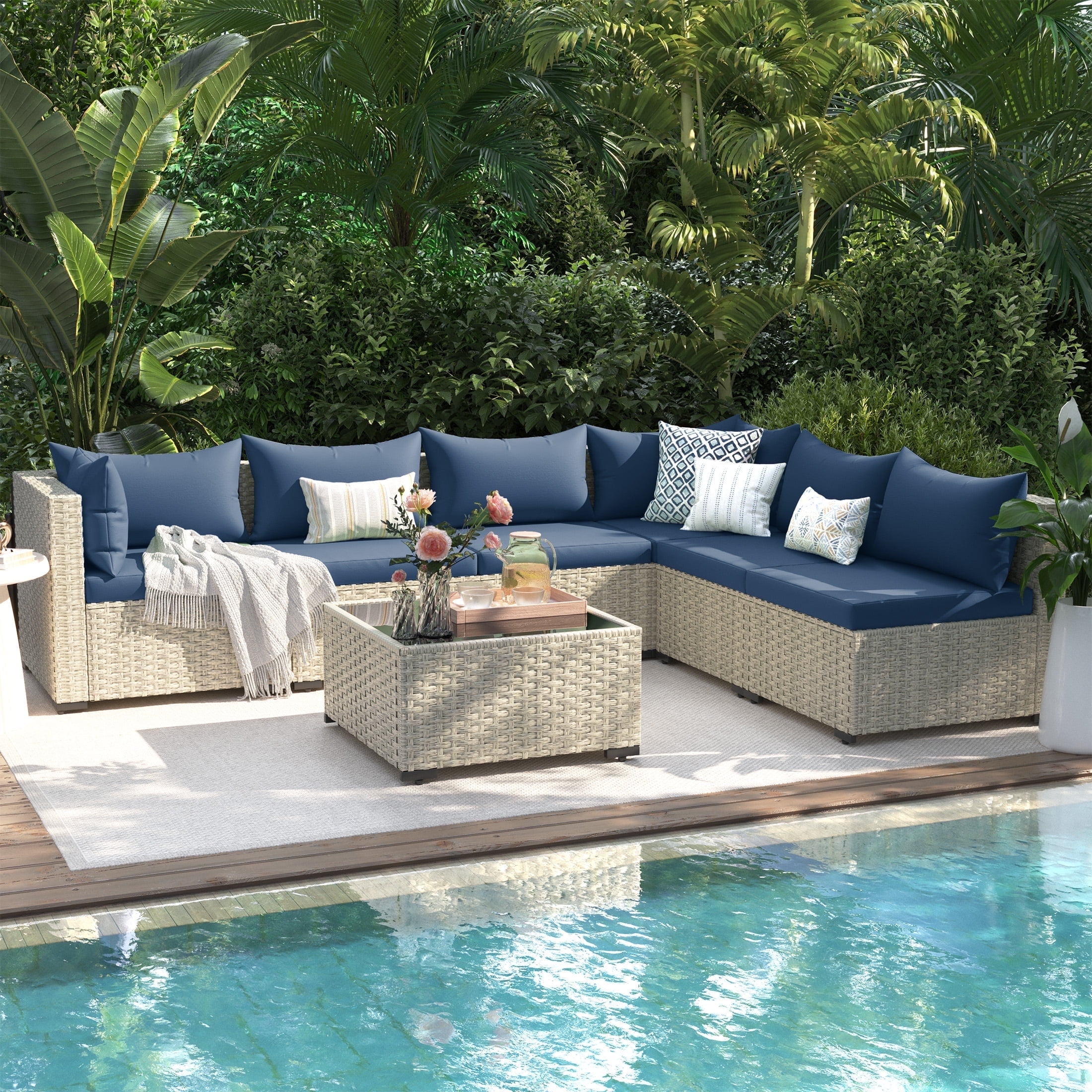 UDPATIO 7 Pieces Outdoor Patio Furniture Set, Outdoor Wicker Patio Conversation Set with Cushions for Backyard, Porch, Garden(Navy)