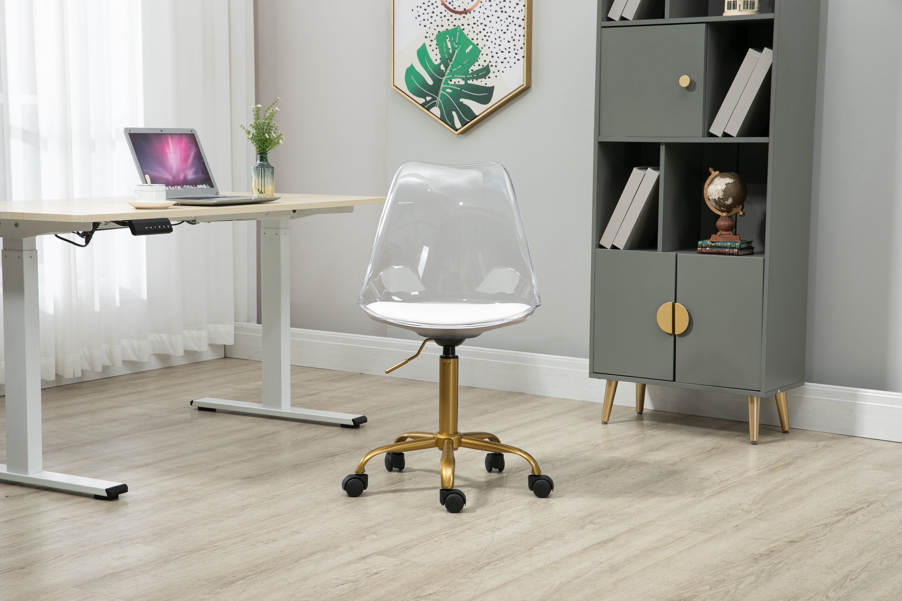 Luccalily Clear Acrylic Rolling Chair With Cushion,Modern Small Cute Armless Vanity Rolling Plastic Chair Home Office Lucite Ghost Chairs Cushion Padded with Adjustable Height and Golden Wheels