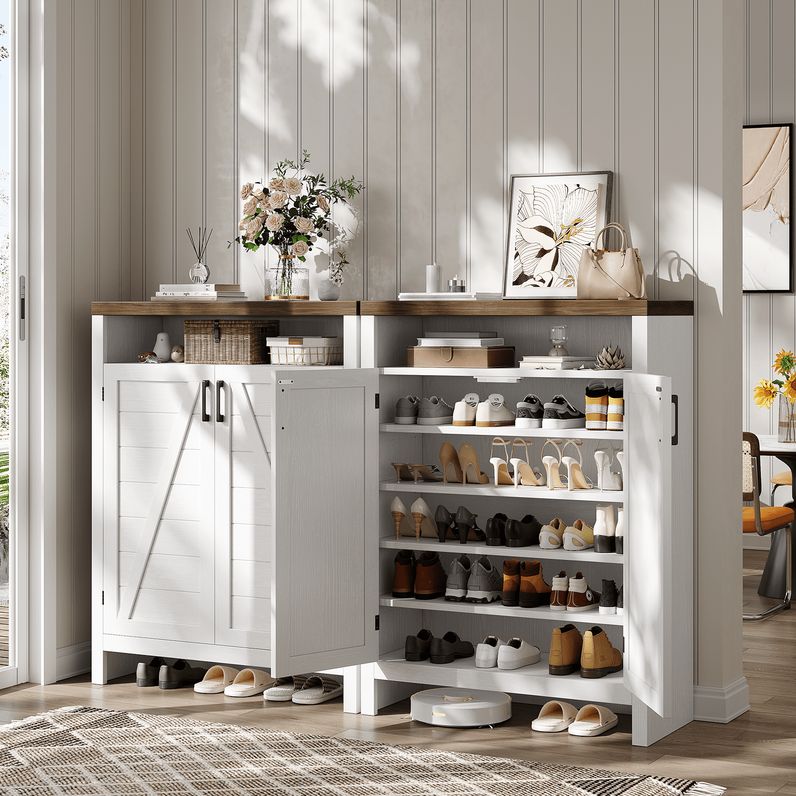 ONBRILL 6-Tier Shoe Cabinet with Doors, Farmhouse Shoe Storage Cabinet with Adjustable Shelves, Large Capacity Wooden Shoe Rack Organizer for Entryway, Closet, Hallway, Living Room, White