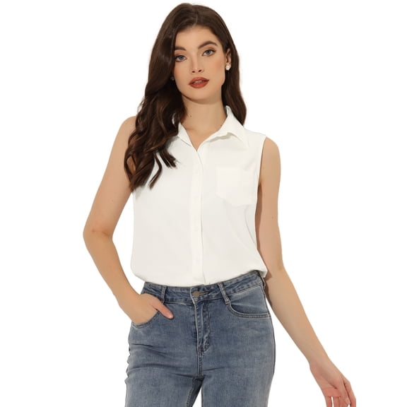 Camisa de Mezclilla Allegra K con Botones para Mujer Sin Mangas Cuello En V Chambray Blanco S