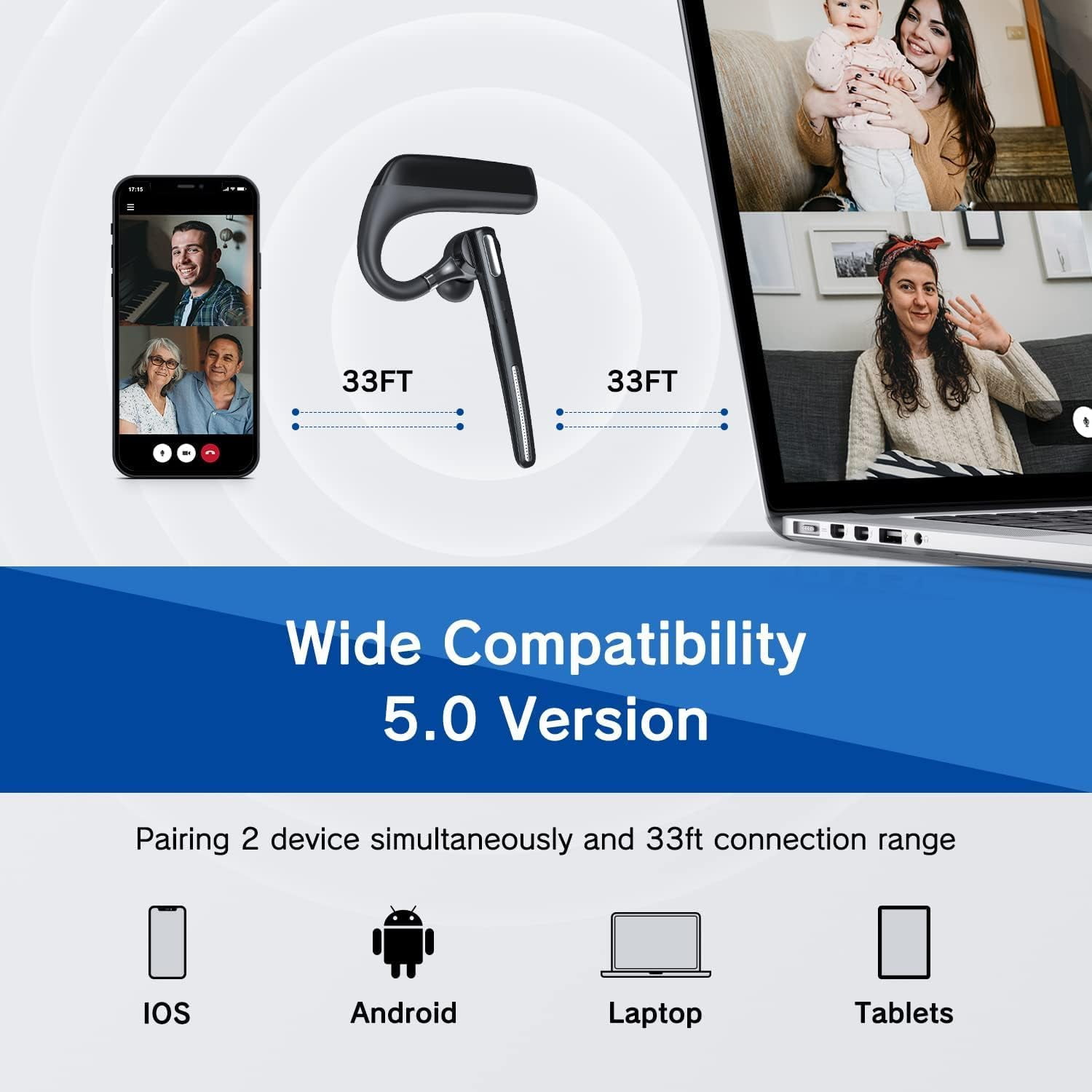 Bluetooth Headset - Wireless Headset with Microphone 90 Days Standby/110 Hours Talktime, Bluetooth Earpiece for Cell Phone/PC Tablet/Laptop Computer, Headphones for Trucker/Driver/Business