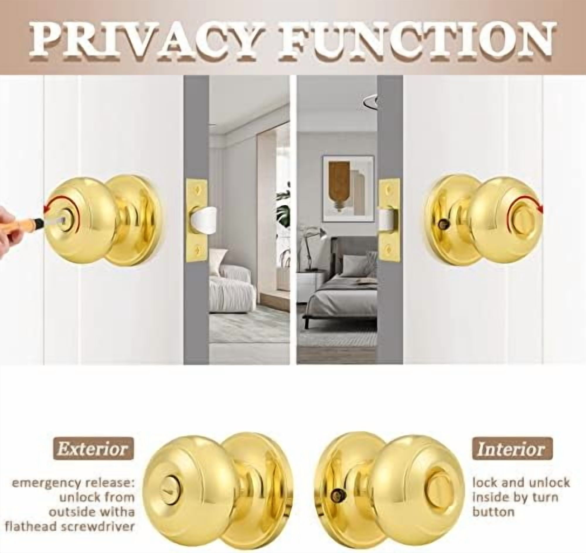 Privacy Door Knobs Lock Interior Bedroom Bathroom Door Handle Polished Brass Round Ball Keyless Lockset 2 Pack