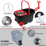 Spin Mop Bucket with Wringer Set for Home, 360° Extended Stainless Steel Handle, 3 Microfiber Replacement Mop Head Refills, 2 Wheels for Floor Cleaning, Black/Red