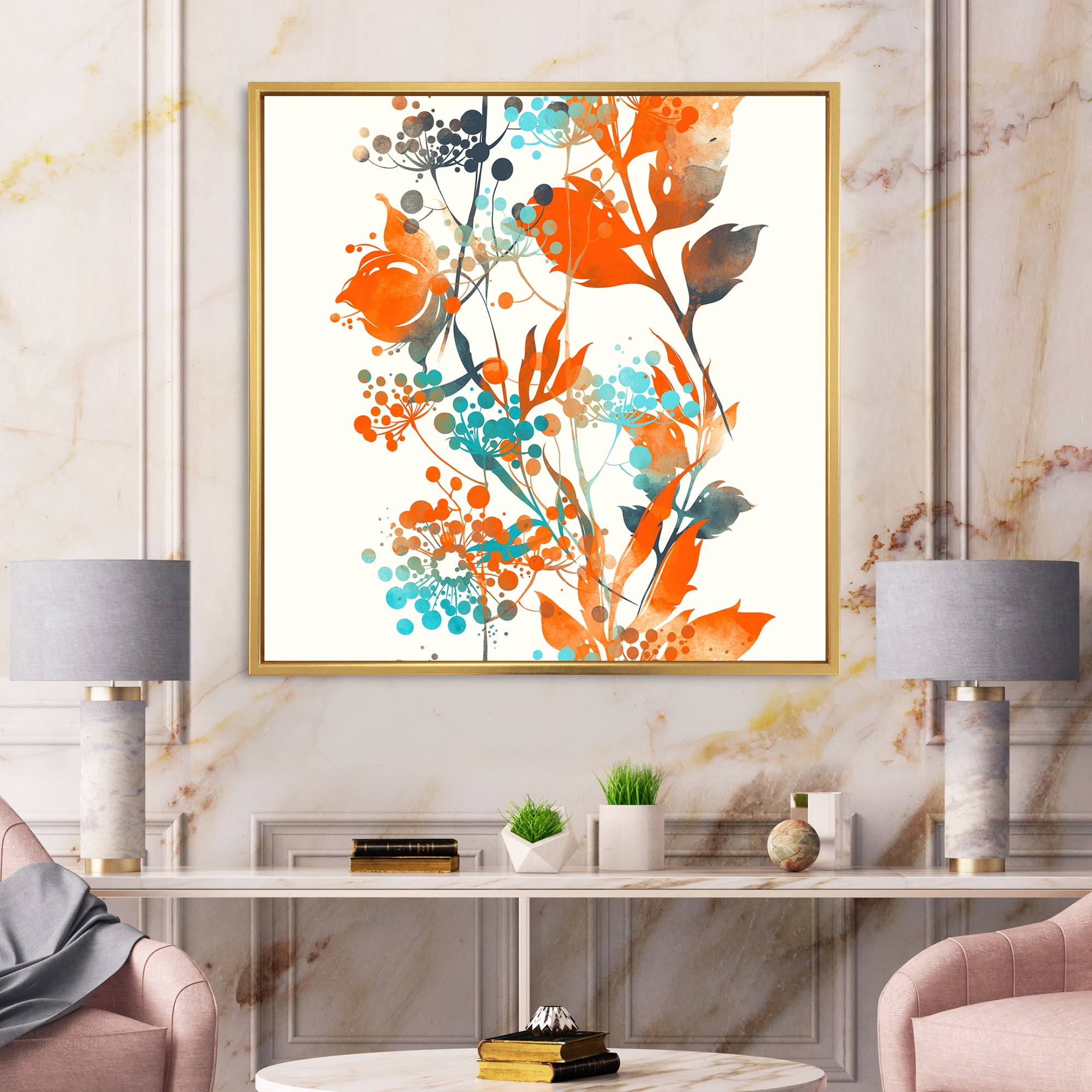 Orange and Green Wildflowers III 36 in x 36 in Framed Painting Canvas Art Print, by Designart