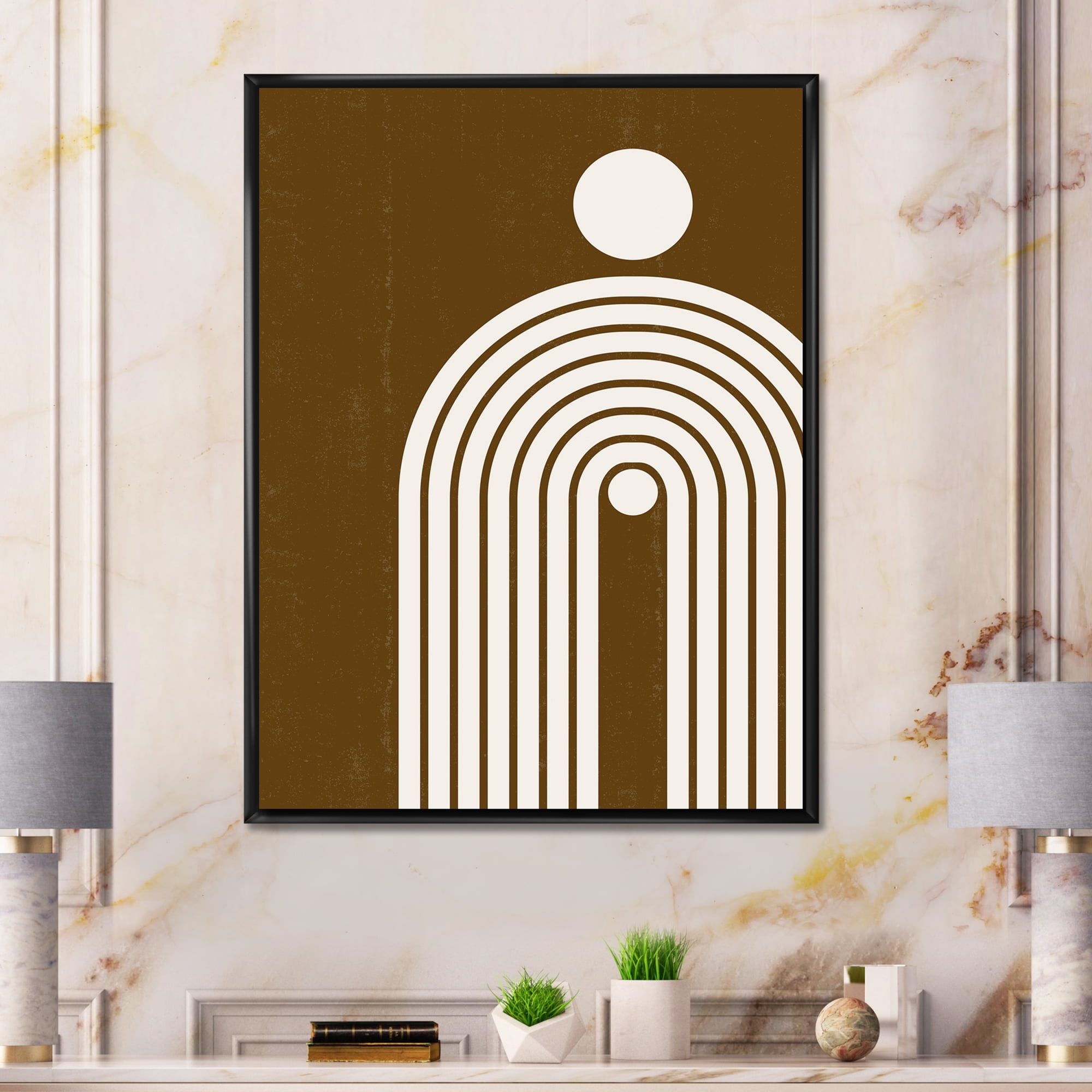 Designart 'Terracotta Minimalist Boho Rainbow With Sun' Modern Framed Canvas Wall Art Print