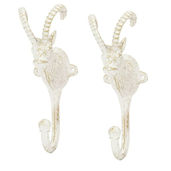 Sungmor Cast Iron Wall Coat Hooks, Decorative Antelope Head Single Hooks, Set of 2 Vintage Towel Hanger Rustic White Key Holder, Bathroom Kitchen Utility Hooks, Wall Decor