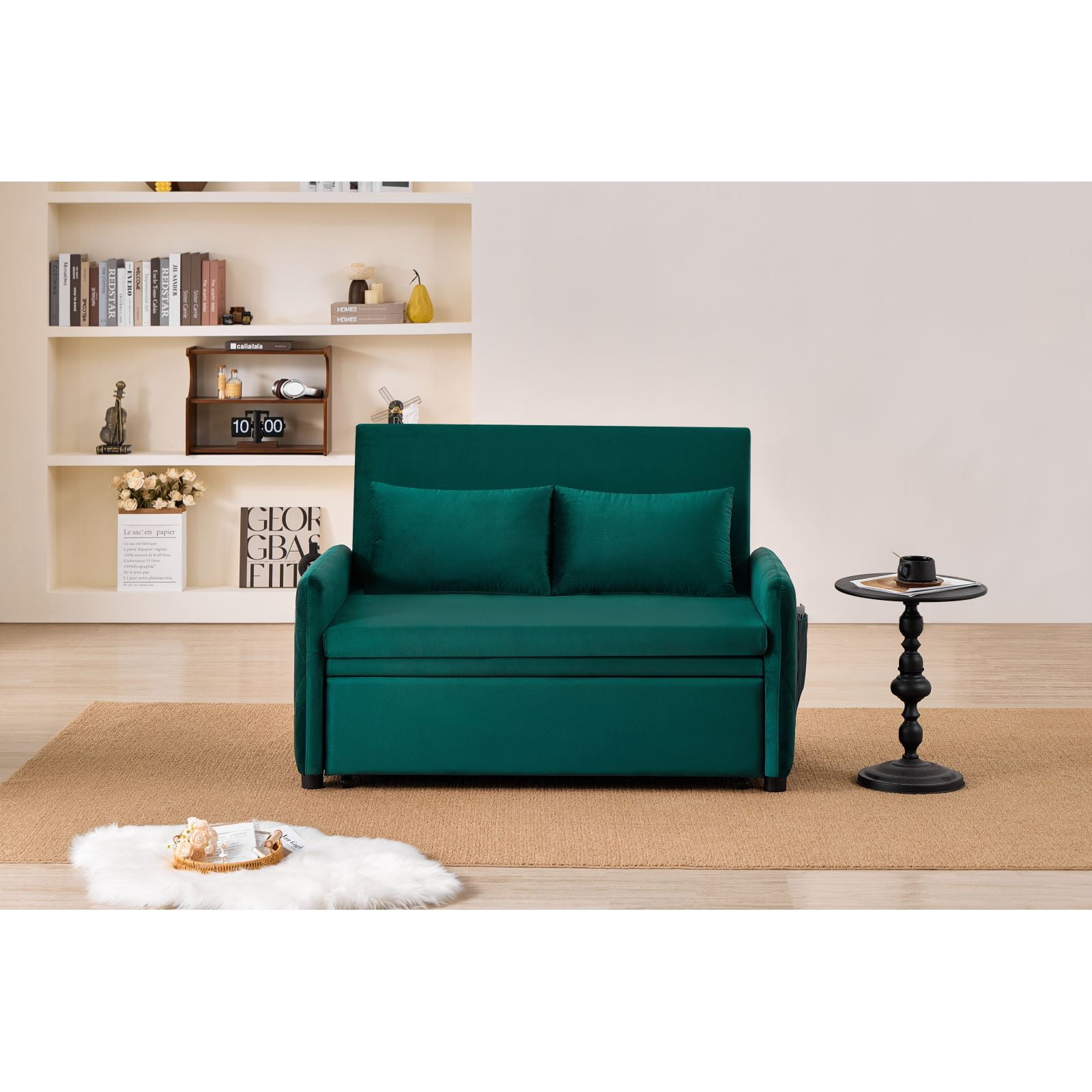 Leumius 3 in 1 Convertible Sleeper Sofa Bed, Modern Convertible Sofa Bed with 5-Position Adjustable Backrest,Velvet Pull Out Couch with Pull Out Bed for Living Room Furniture,Green