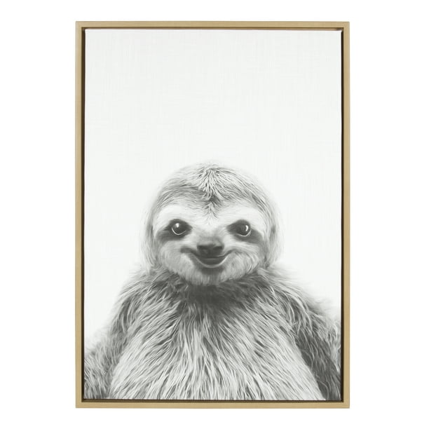 Kate and Laurel Sylvie Sloth Animal Print Black and White Portrait Framed Canvas Wall Art by