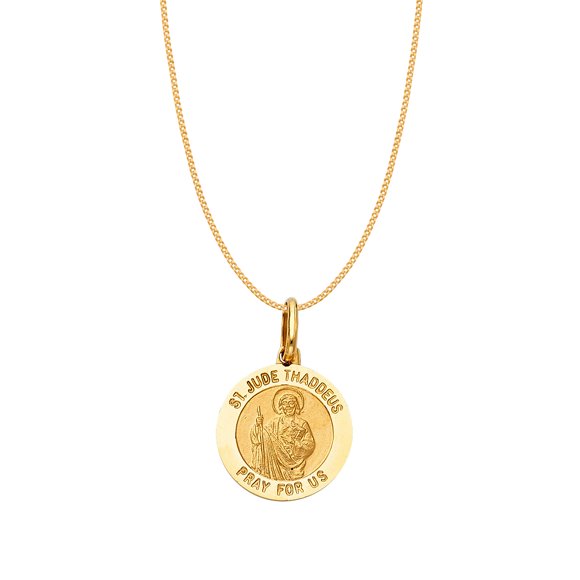 Dimaya Fine Jewelry Médaille Ronde en Or Jaune 14K Unisexe Saint Jude Thaddée avec Collier Chaîne 22 Pouces