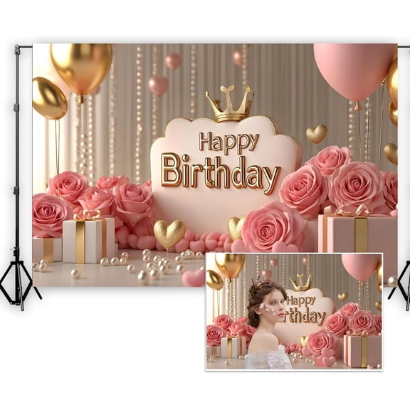 7x5FT Happy Birthday Backdrop Pink Gold Balloons Floral Birthday Photography Background Golden Crown Roses Birthday Party Decorations Banner Supplies Photo Booth Props