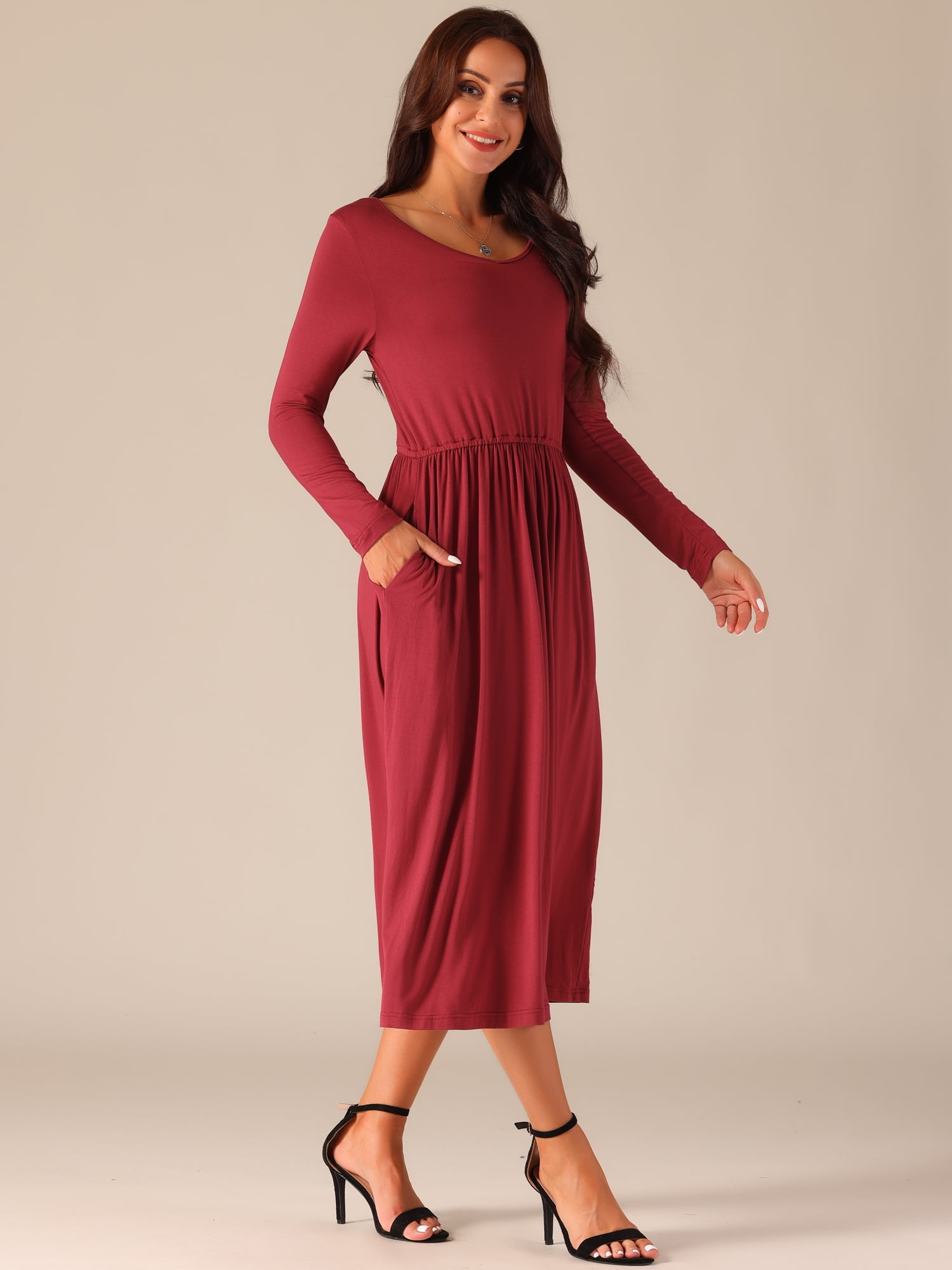 DARING DIVA Long Sleeve Round Neck Midi Dress S Wine Red