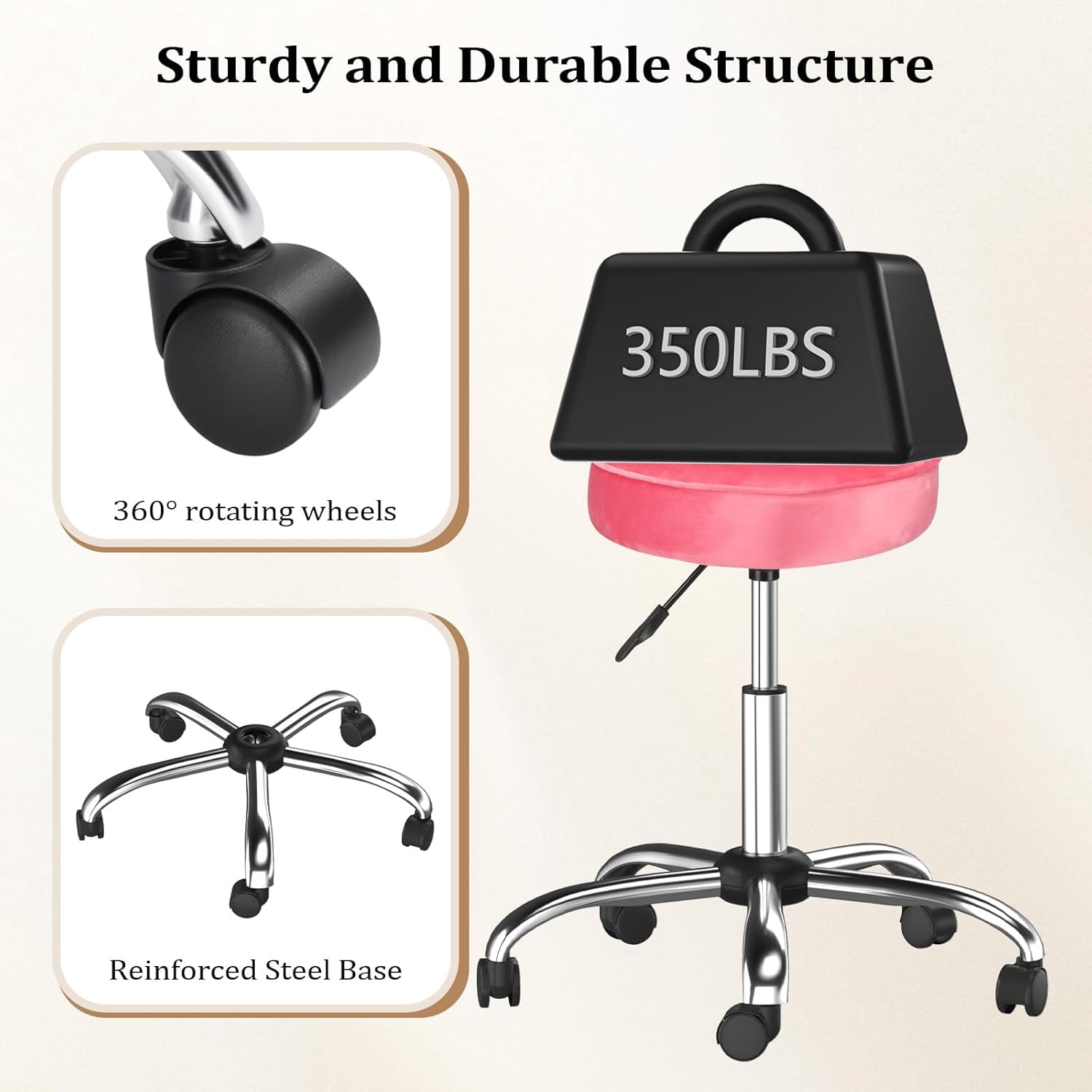 OmySalon Rolling Stool with Wheels, Hydraulic Massage Chair, Heart-Shaped Adjustable Salon Stool, Swivel Stools for Hair Stylist, Vanity SPA, Bar, Barber, Home Office, Tattoo, Hot Pink