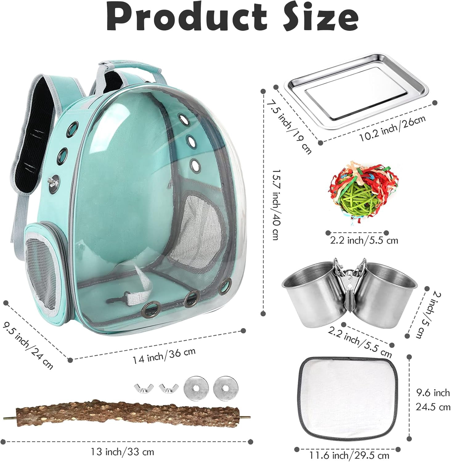 Bird Backpack, Bird Carrier Travel Cage with Perch, Portable Wildbird Carrier Bag, Parrot Parakeet Cockatiel Cage w/Toy Stainless Steel Food Bowl Tray for Conures Budgie Canary Lovebirds Small Animal