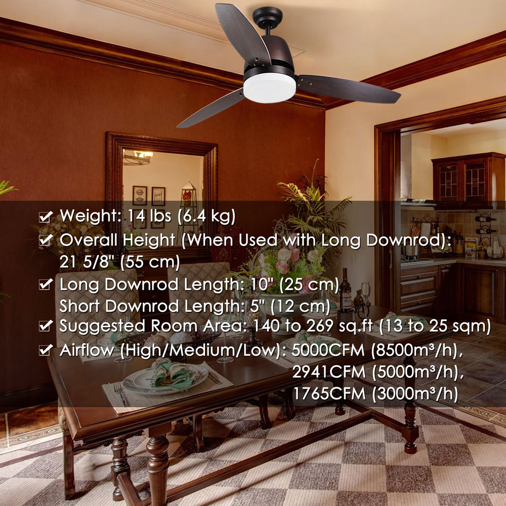 Yescom 52" Blades Ceiling Fan with Light Kit Frosted Glass Downrod Antique Bronze Reversible Remote Control - 3